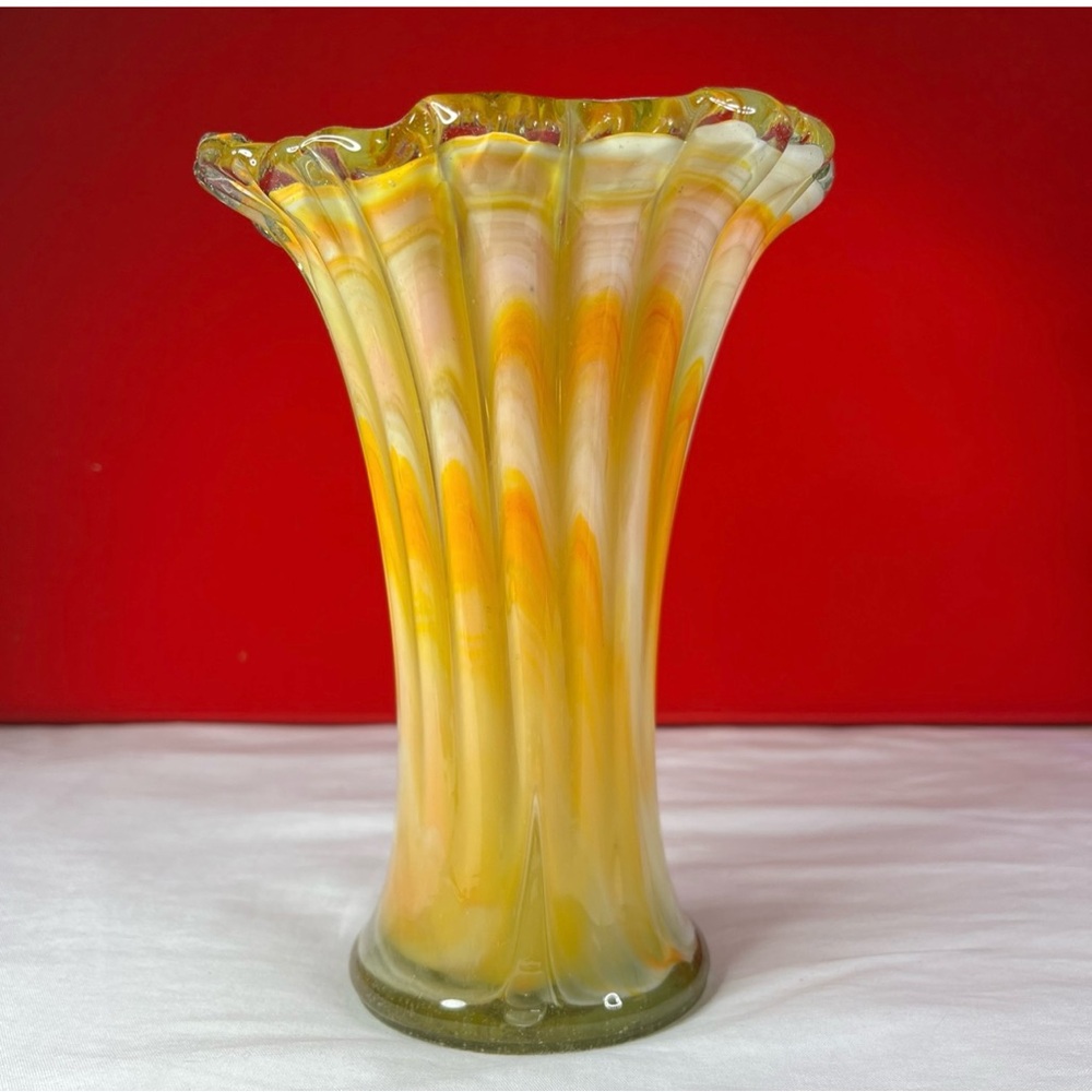 Handblown Glass Petal Vase Orange White Swirl Stretched Art Vintage